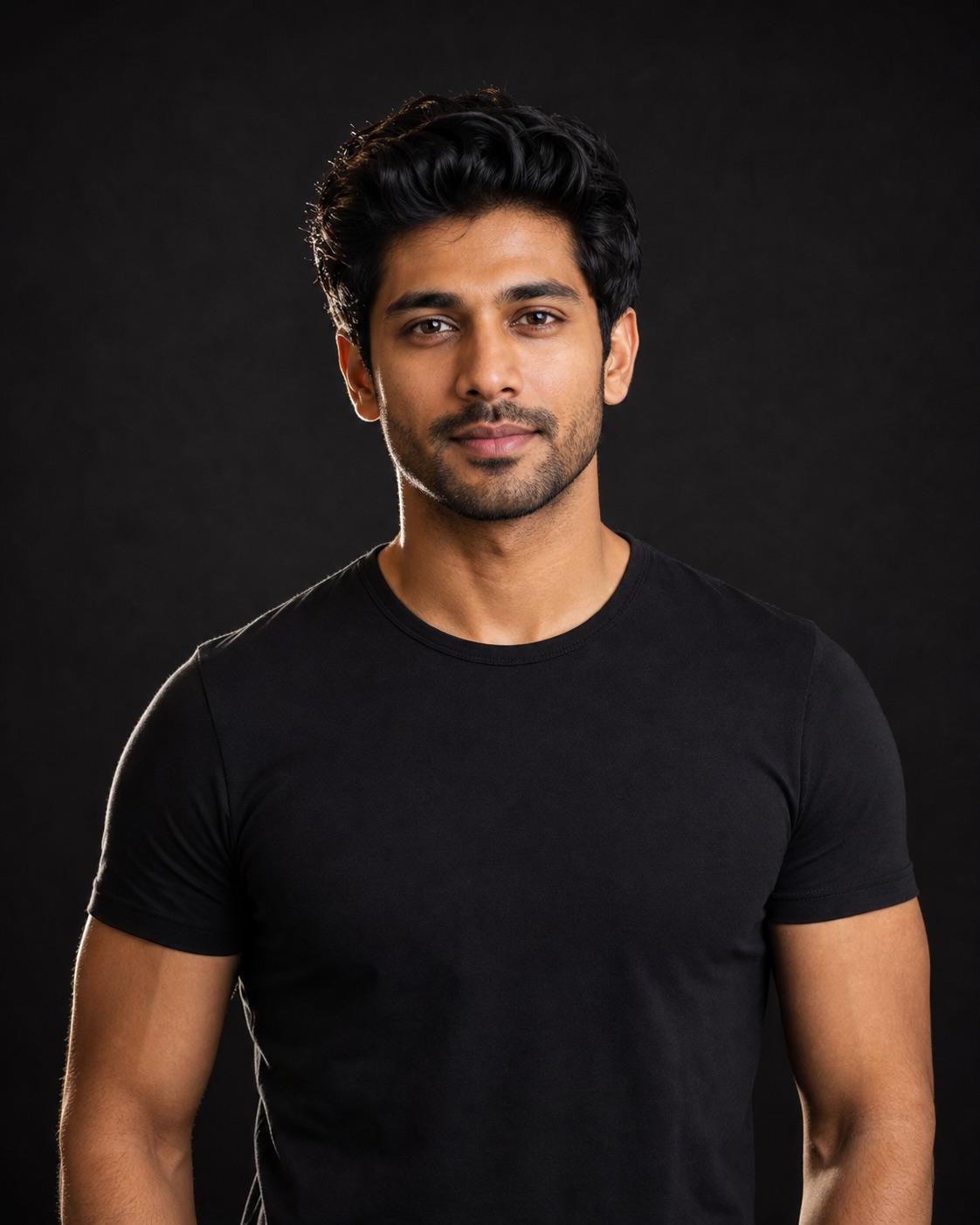 Entirely synthetic adult man in a plain black shirt against a charcoal studio background