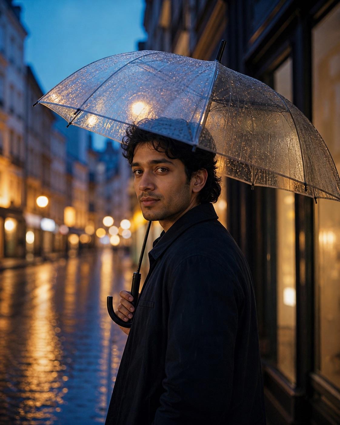 Entirely synthetic adult man under a clear umbrella on a rain-wet street at blue hour