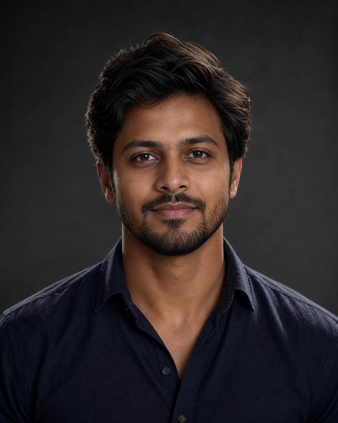 Synthetic adult man centered against a charcoal background for a square-safe social DP crop