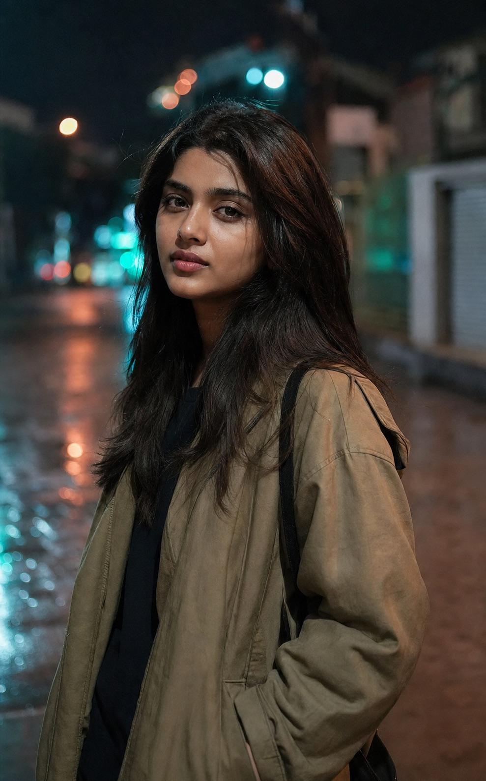 Entirely synthetic adult woman on a quiet night street with restrained cyan and warm reflections