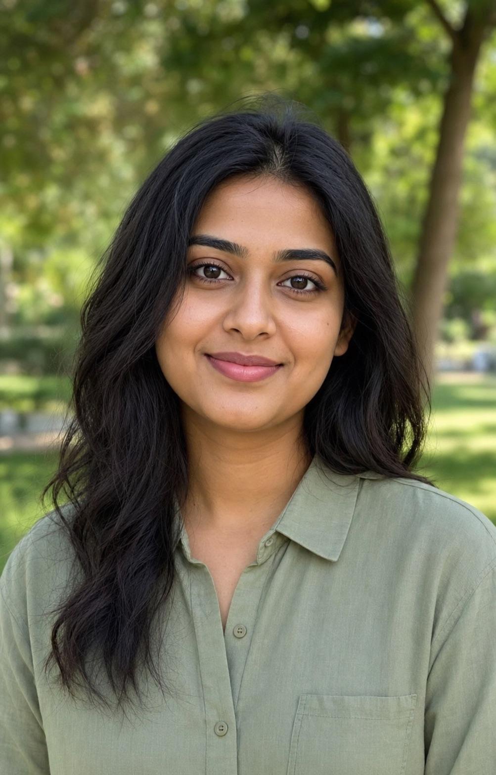 Entirely synthetic adult woman centered in a quiet green park for a square-safe profile crop