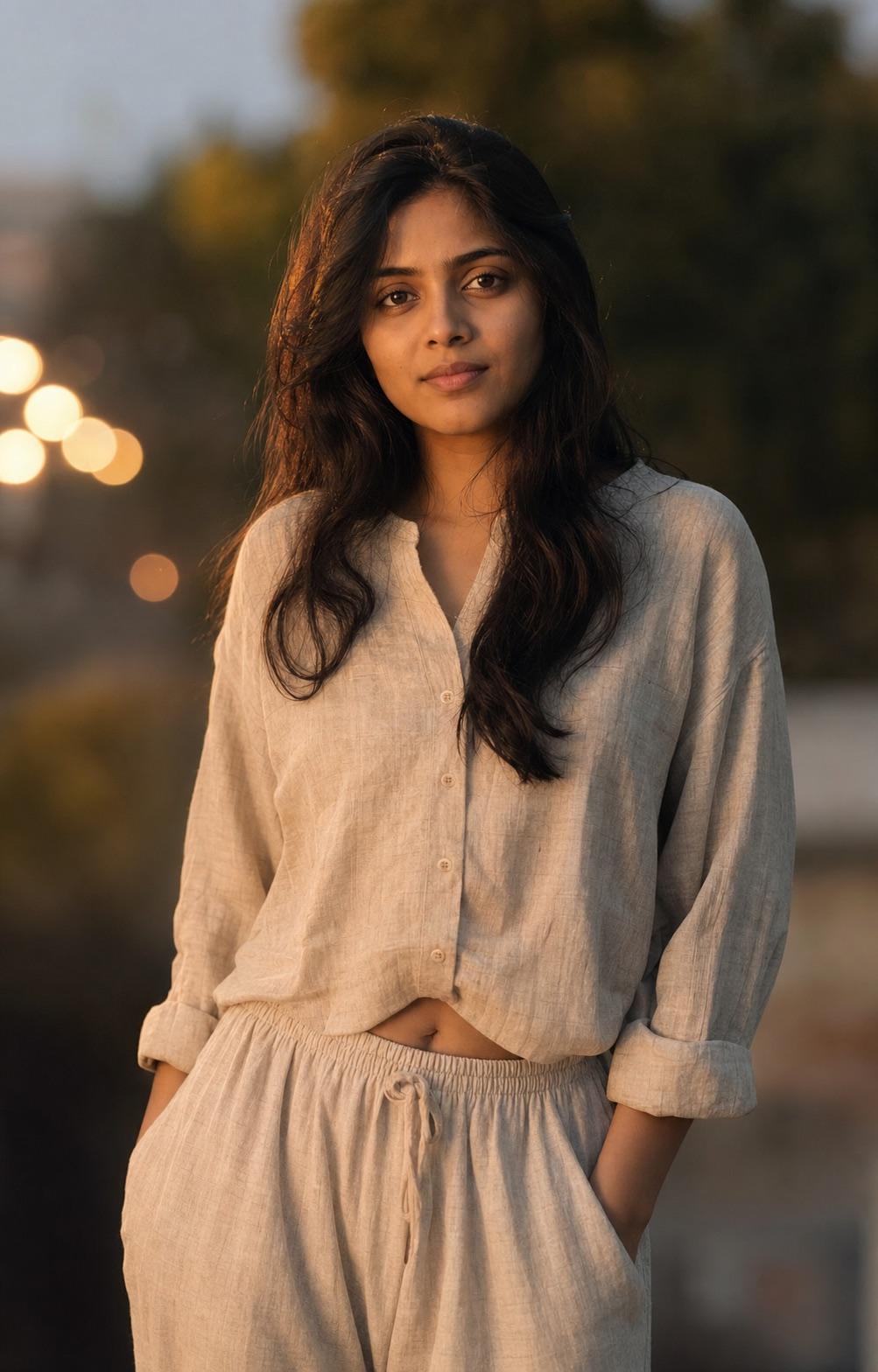 Synthetic adult woman cinematic portrait with warm side light and soft background bokeh