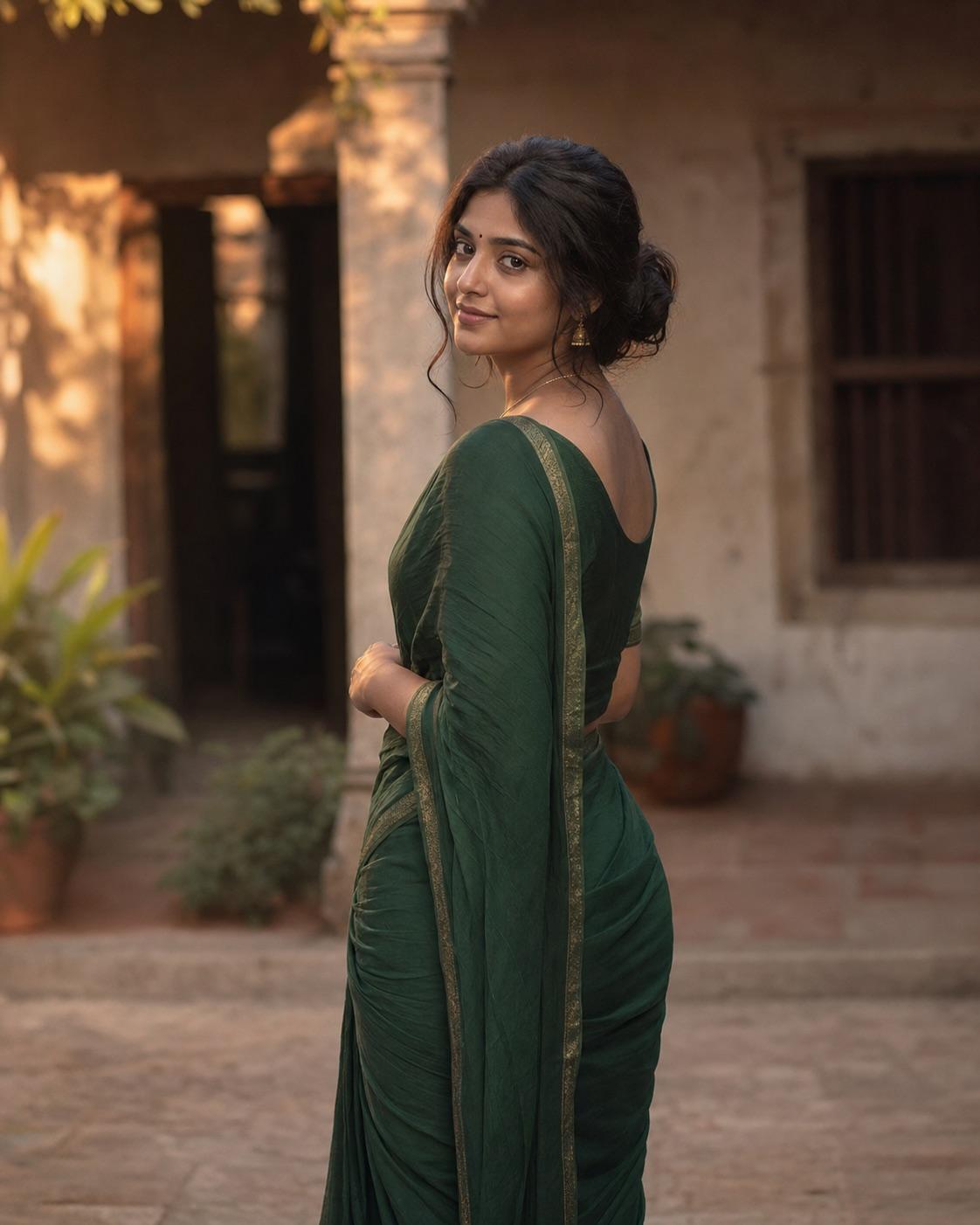Entirely synthetic adult woman in a deep green traditional sari in a warm heritage courtyard
