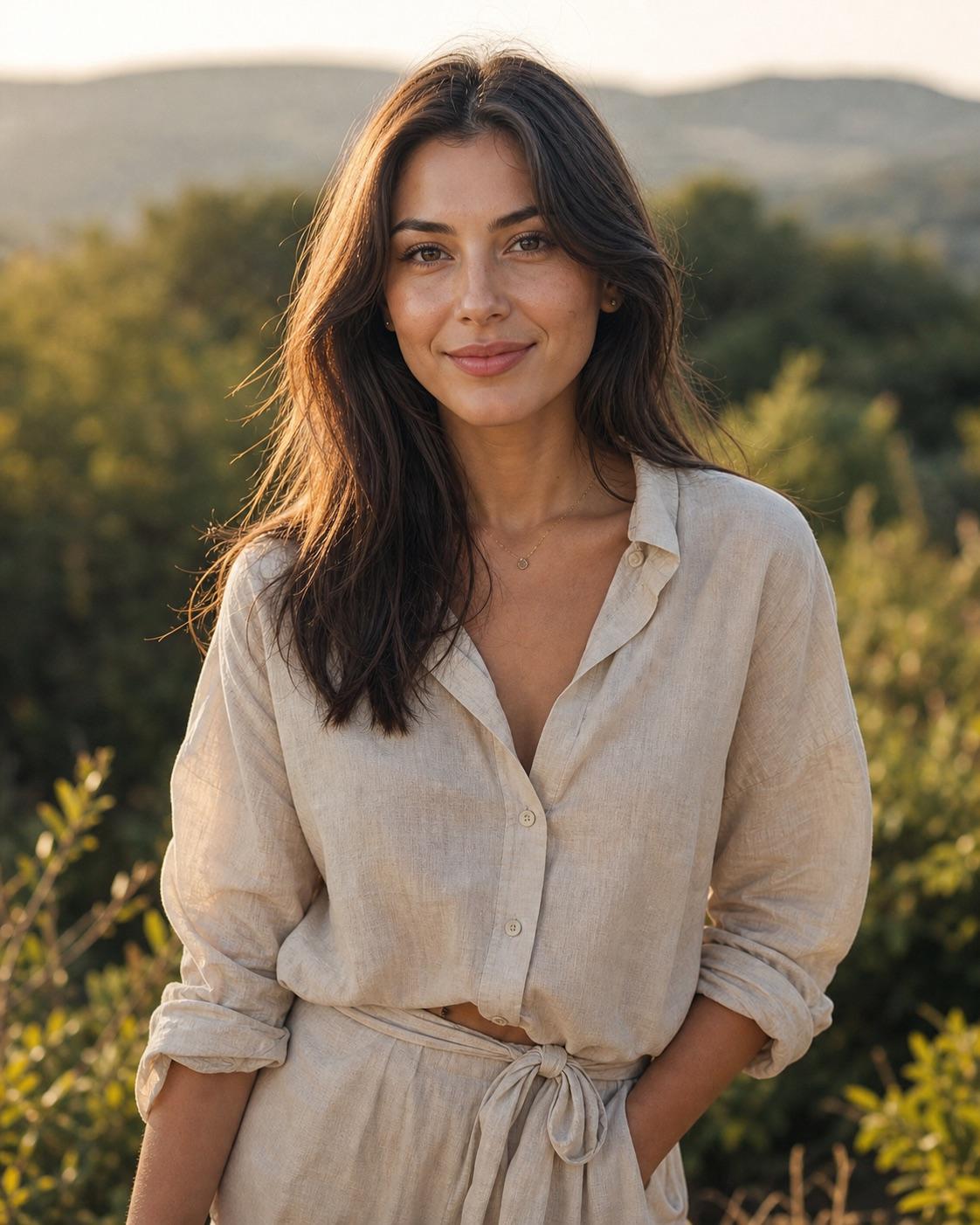 Entirely synthetic adult woman with a restrained warm golden-hour portrait color grade