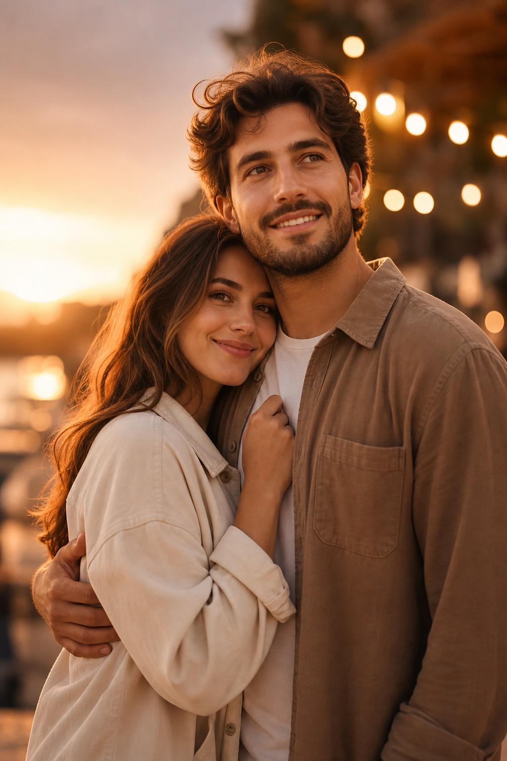 Synthetic adult couple portrait visual direction with warm light and balanced composition