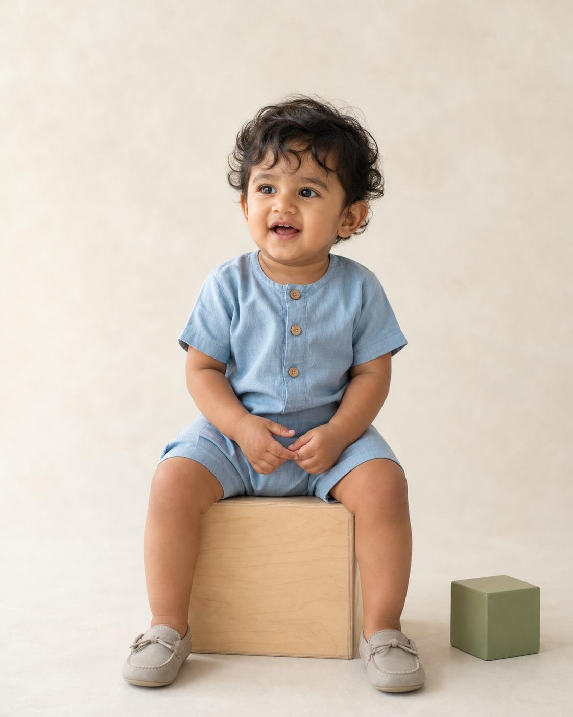 Entirely synthetic baby boy in a full-coverage blue outfit with soft studio light