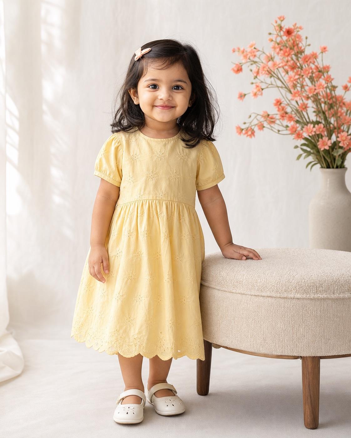 Entirely synthetic baby girl in a full-coverage rose outfit with flowers safely in the background