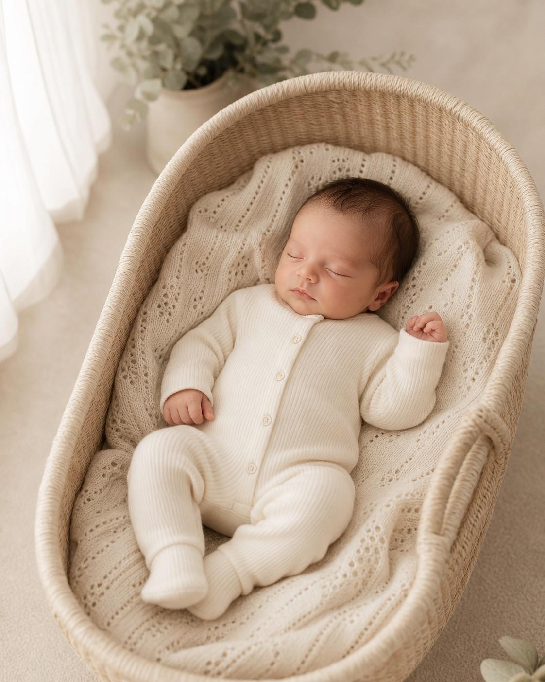 Entirely synthetic baby safely supported on a neutral blanket in soft window light