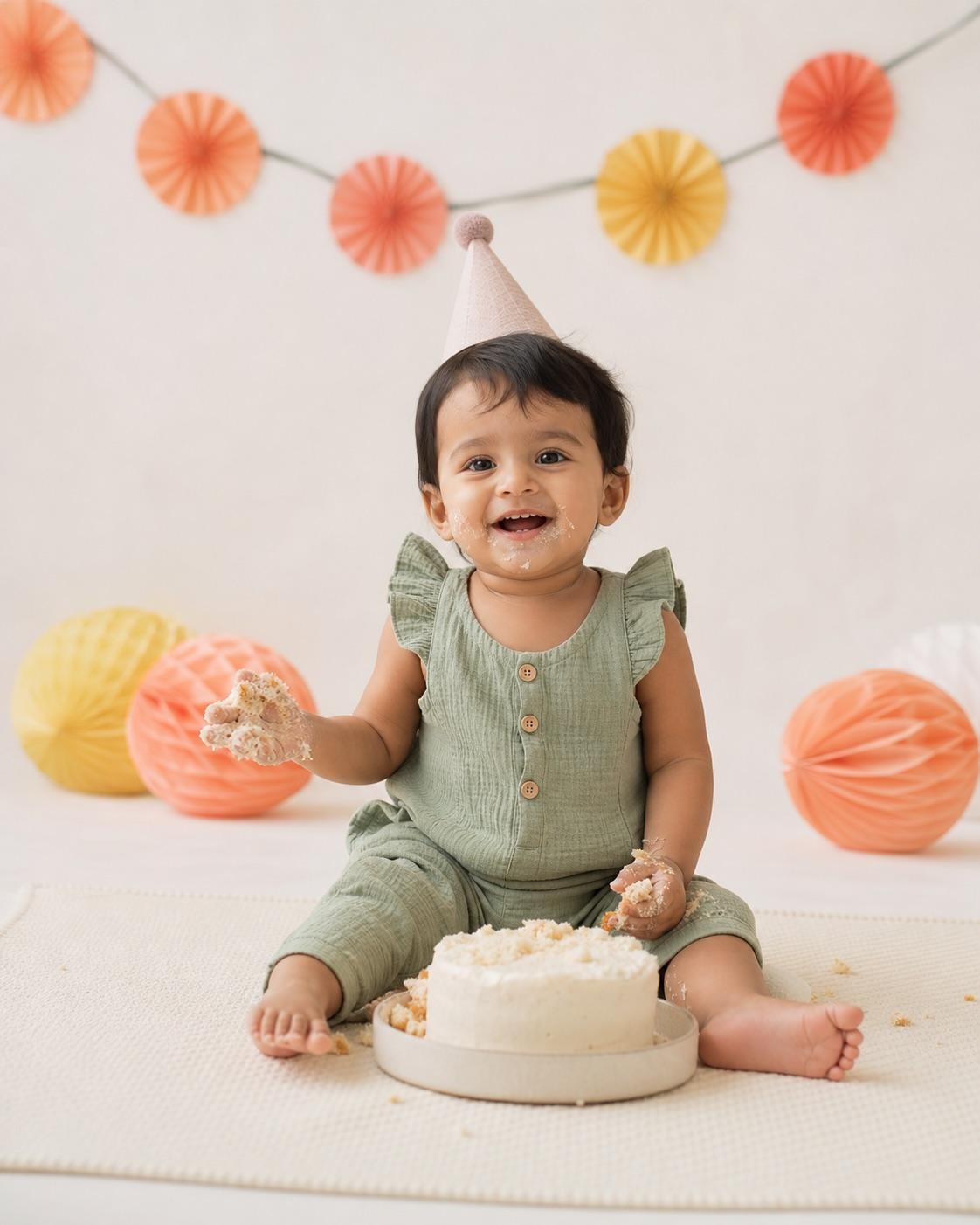Entirely synthetic one-year-old child in a simple floor-level birthday portrait