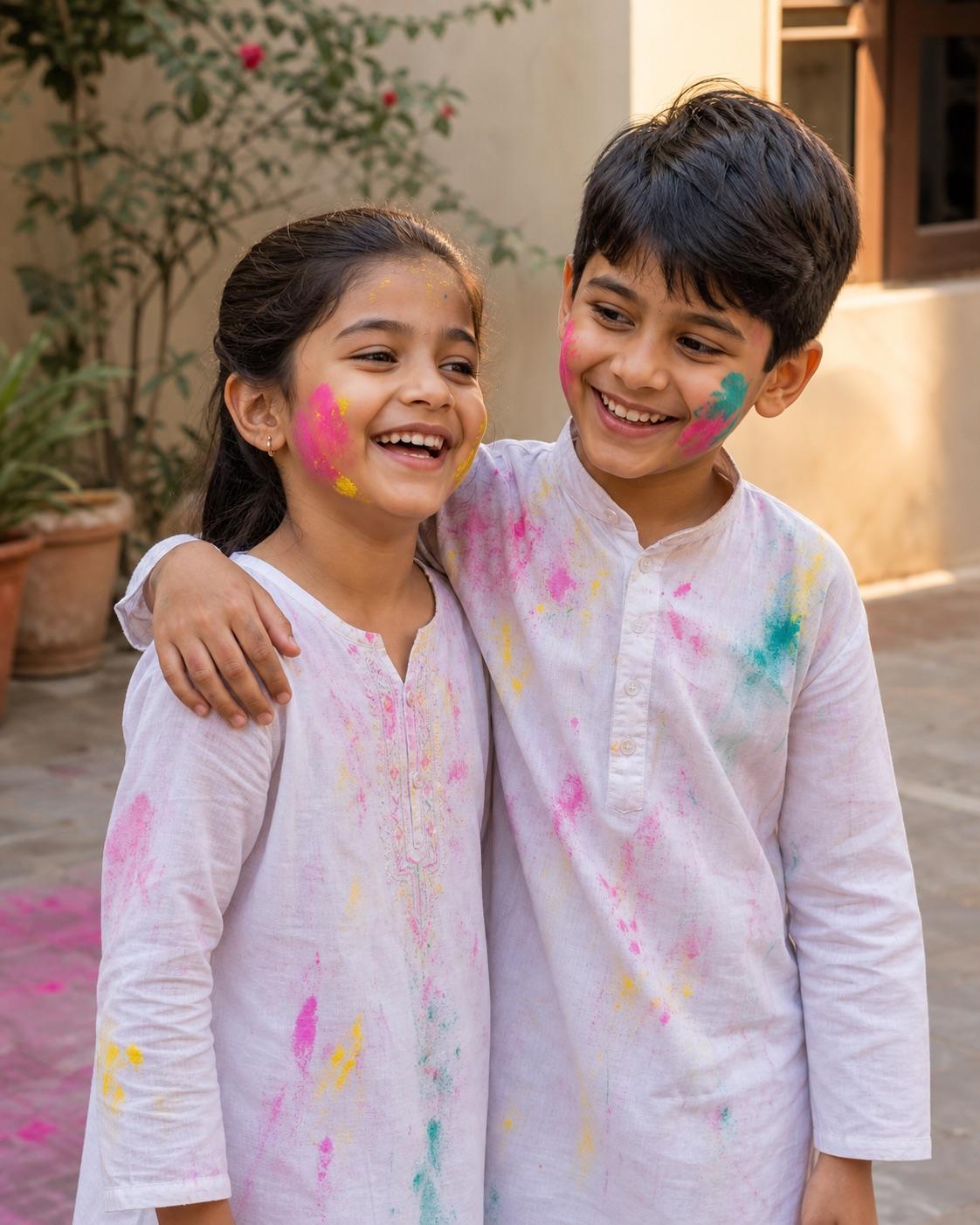 Entirely synthetic child in modest Holi clothing with controlled color away from the eyes and mouth