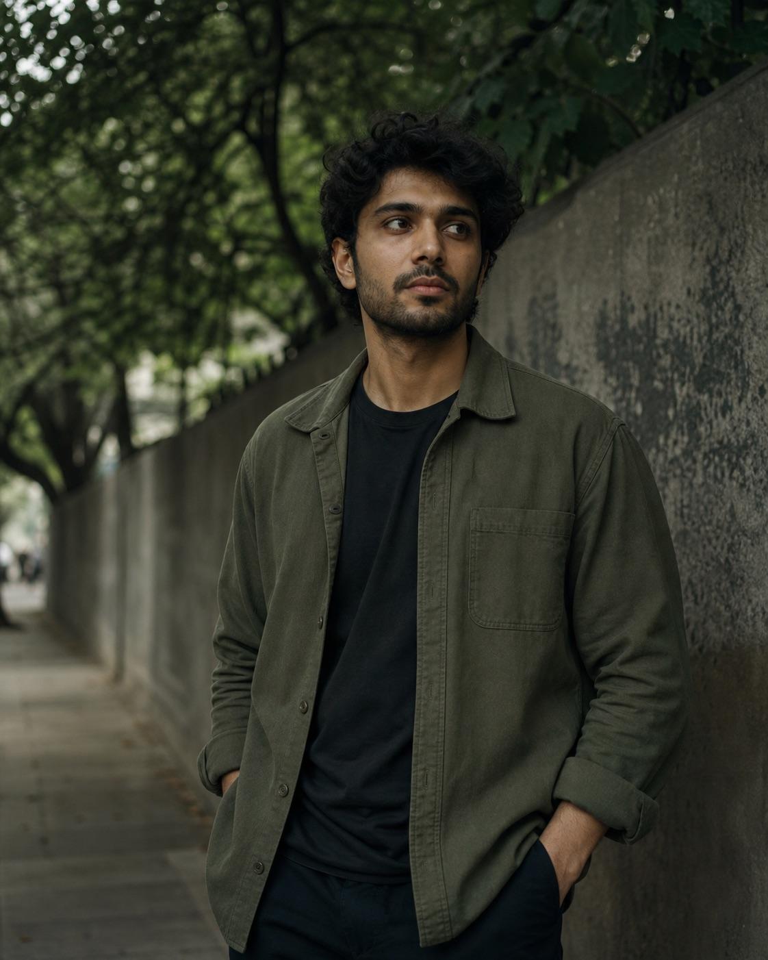 Entirely synthetic adult man in an olive overshirt with a subdued moody green color grade