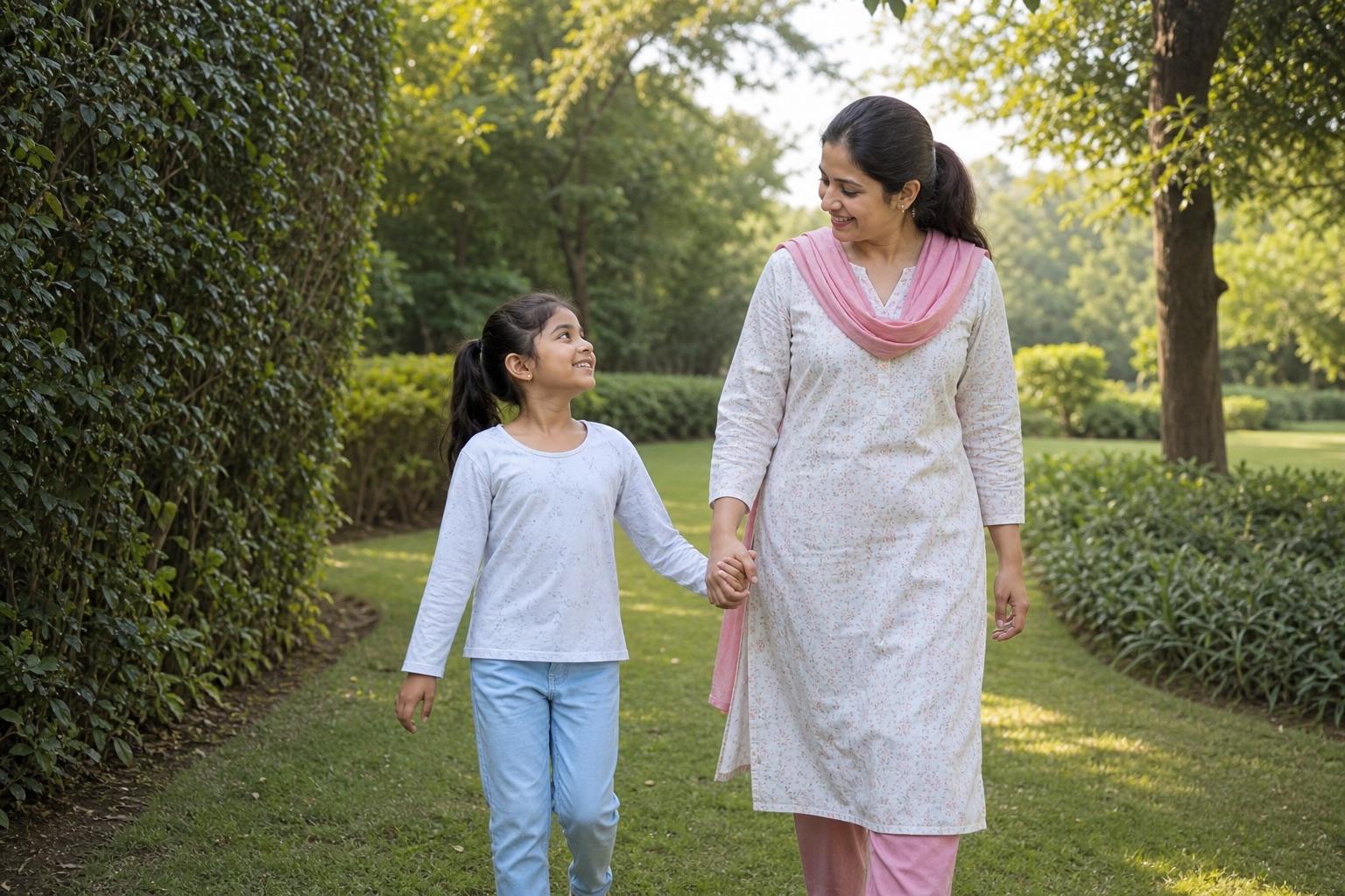 Entirely synthetic parent and school-age child walking together in a garden
